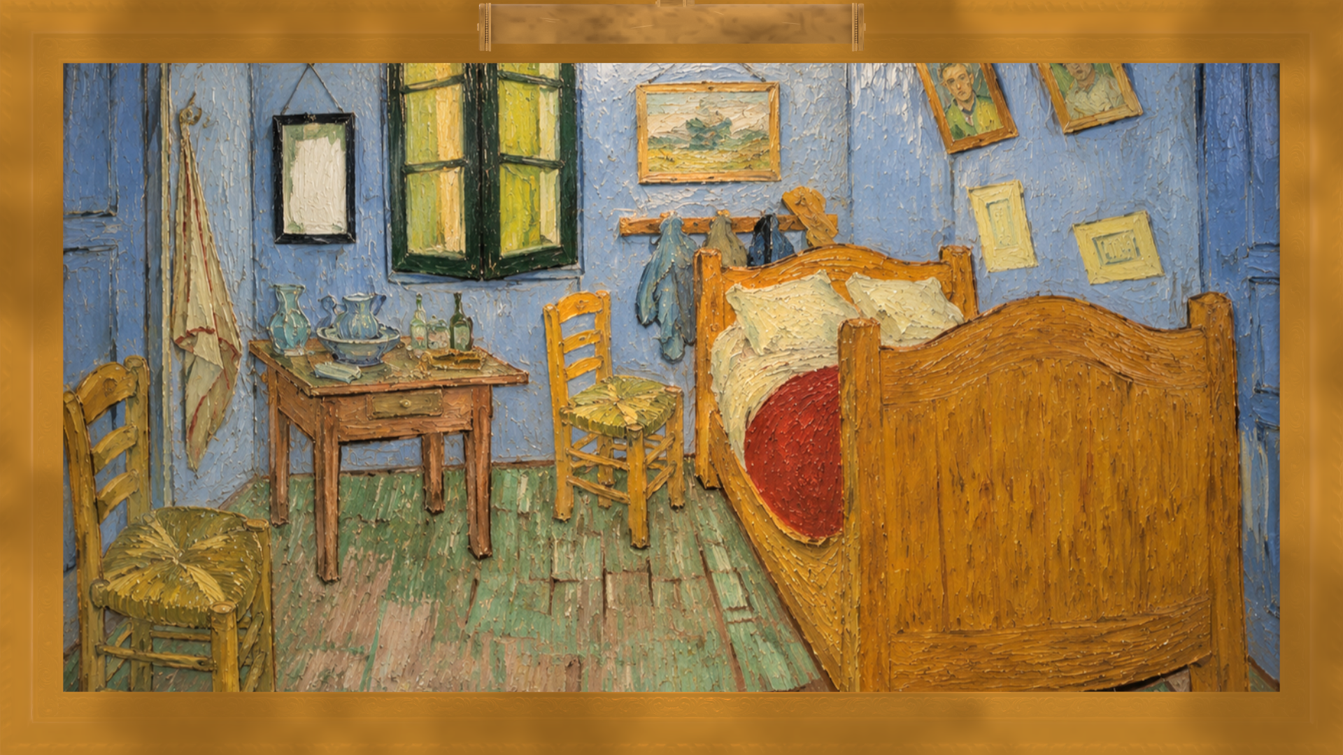 Impasto development preview showing a textured bedroom painting with a virtual gold frame and picture light